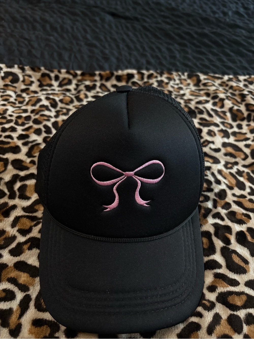 Kids Black Cap with Pink Bow Embroidery